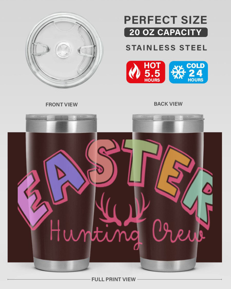 Easter Hunting Crew 20oz Tumbler featuring double wall vacuum insulation and a vibrant design, perfect for keeping drinks hot or cold.