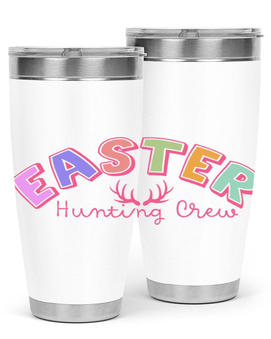 Easter Hunting Crew 20oz Tumbler featuring double wall vacuum insulation and a vibrant design, perfect for keeping drinks hot or cold.