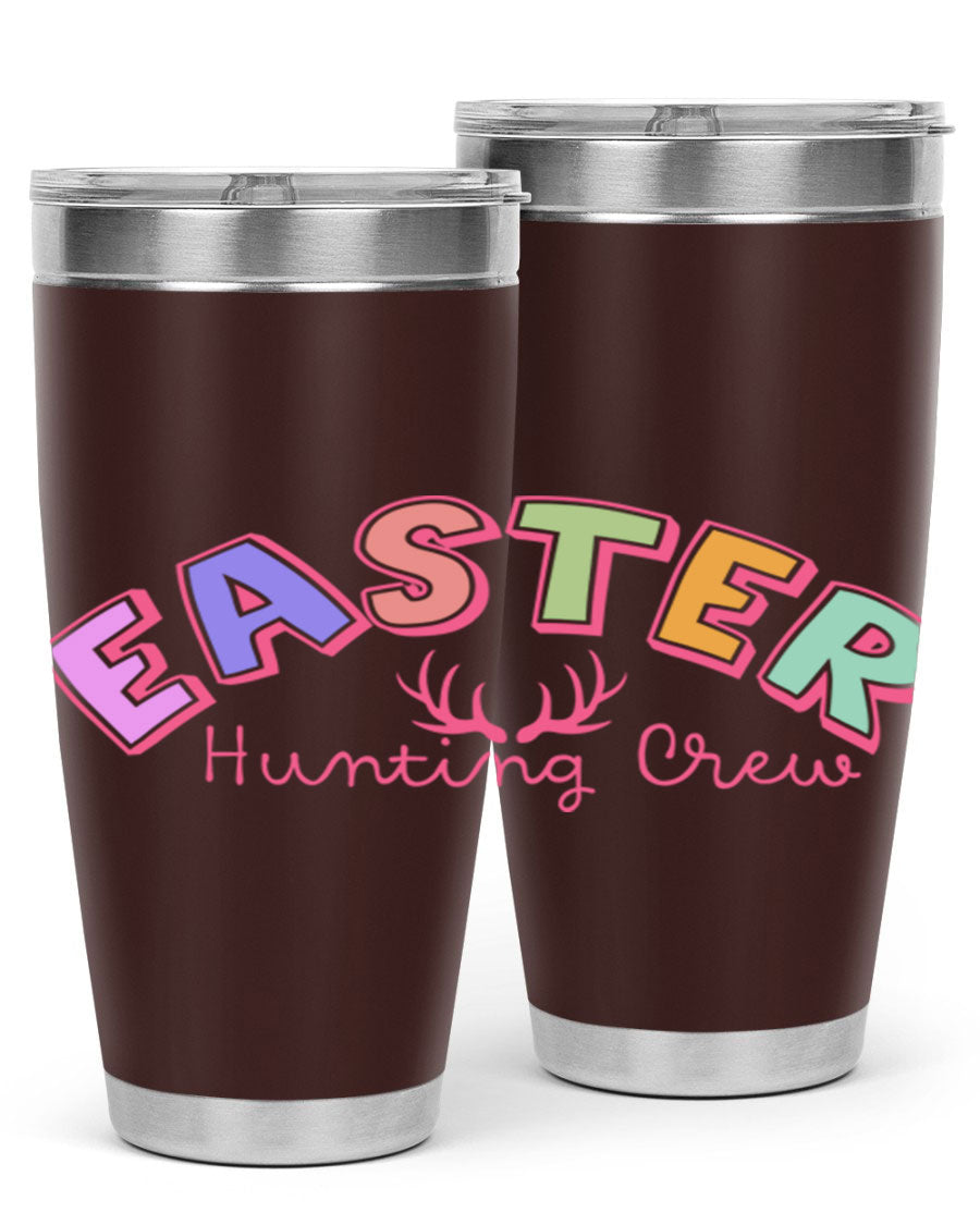 Easter Hunting Crew 20oz Tumbler featuring double wall vacuum insulation and a vibrant design, perfect for keeping drinks hot or cold.