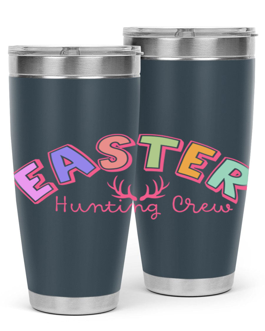 Easter Hunting Crew 20oz Tumbler featuring double wall vacuum insulation and a vibrant design, perfect for keeping drinks hot or cold.