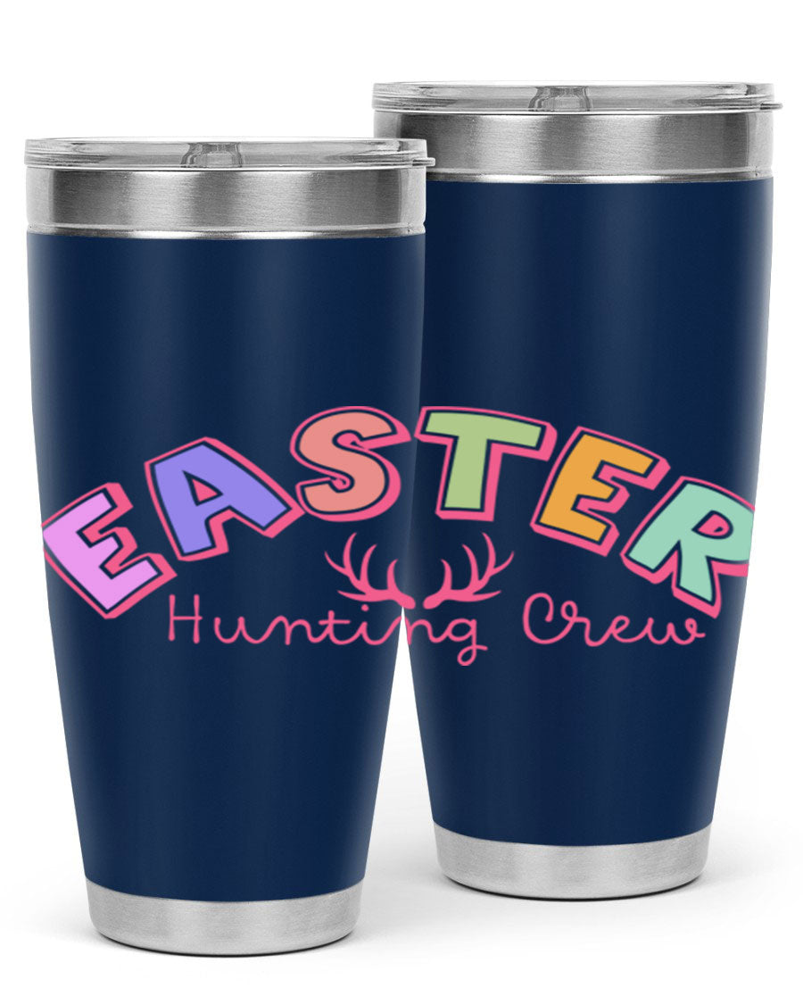Easter Hunting Crew 20oz Tumbler featuring double wall vacuum insulation and a vibrant design, perfect for keeping drinks hot or cold.