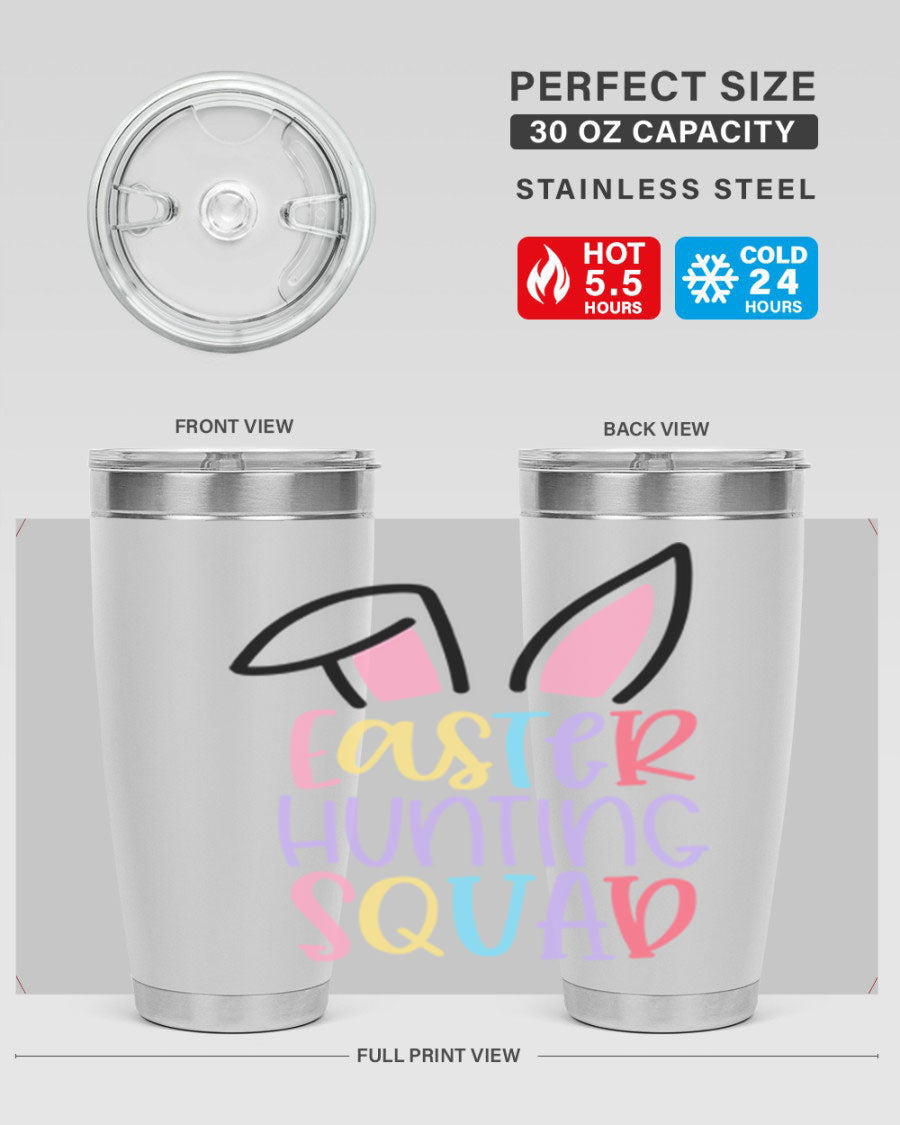 Easter Hunting Squad 20oz Tumbler featuring double wall vacuum stainless steel design with vibrant Easter-themed graphics.