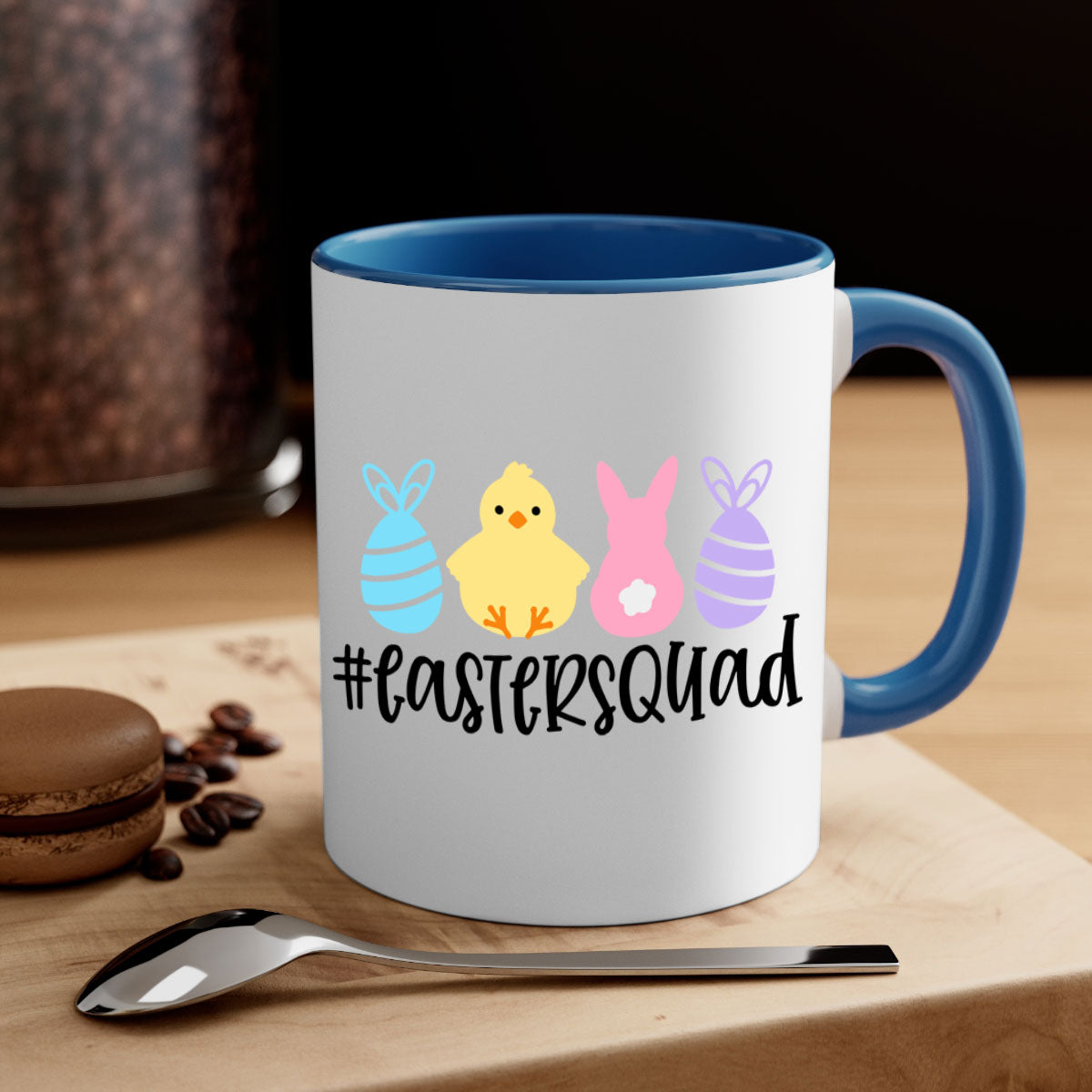 eastersquad 69# Mug featuring a glossy finish, colored handle, and interior, available in multiple colors and sizes.