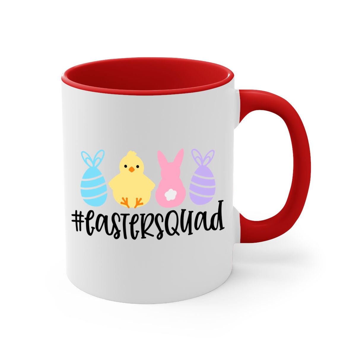 eastersquad 69# Mug featuring a glossy finish, colored handle, and interior, available in multiple colors and sizes.
