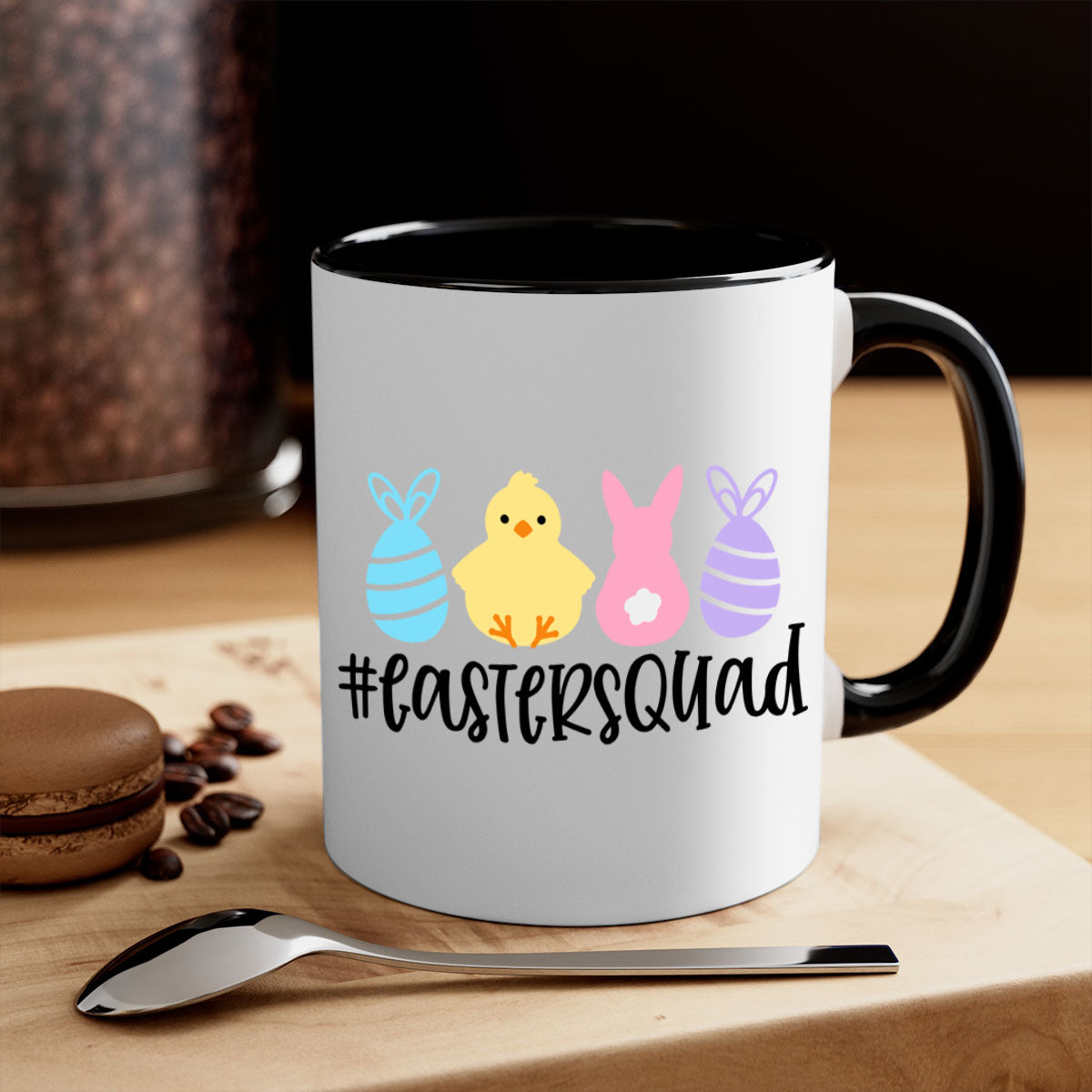 eastersquad 69# Mug featuring a glossy finish, colored handle, and interior, available in multiple colors and sizes.