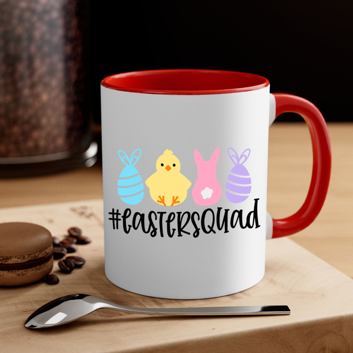 eastersquad 69# Mug featuring a glossy finish, colored handle, and interior, available in multiple colors and sizes.