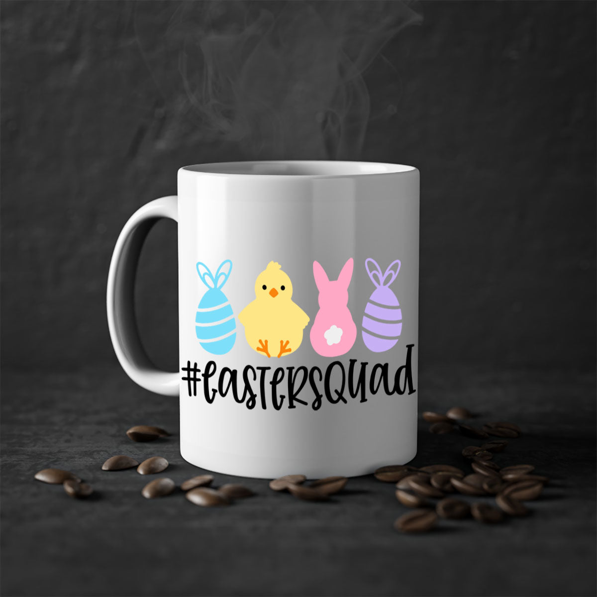 eastersquad 69# Mug featuring a glossy finish, colored handle, and interior, available in multiple colors and sizes.