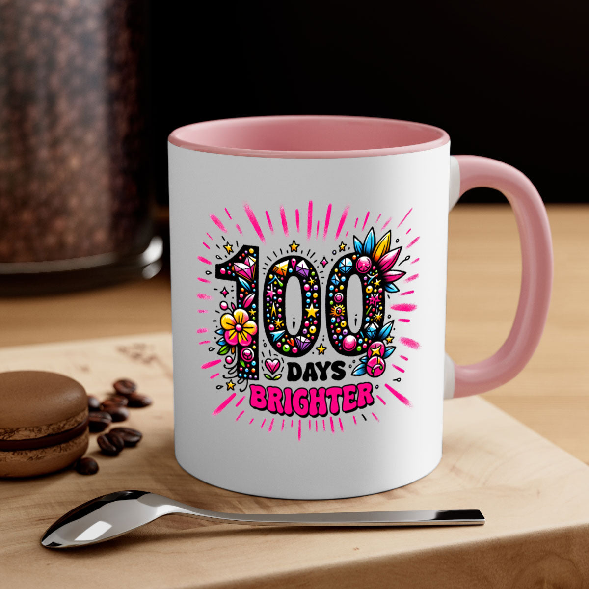 Easy 100 Days of School Mug with colorful handle and glossy finish, available in multiple colors and sizes.