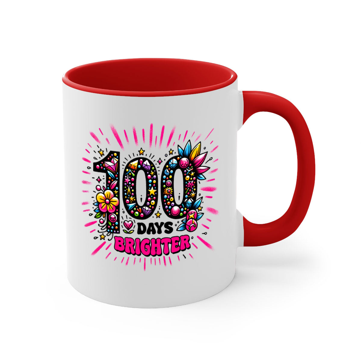 Easy 100 Days of School Mug with colorful handle and glossy finish, available in multiple colors and sizes.