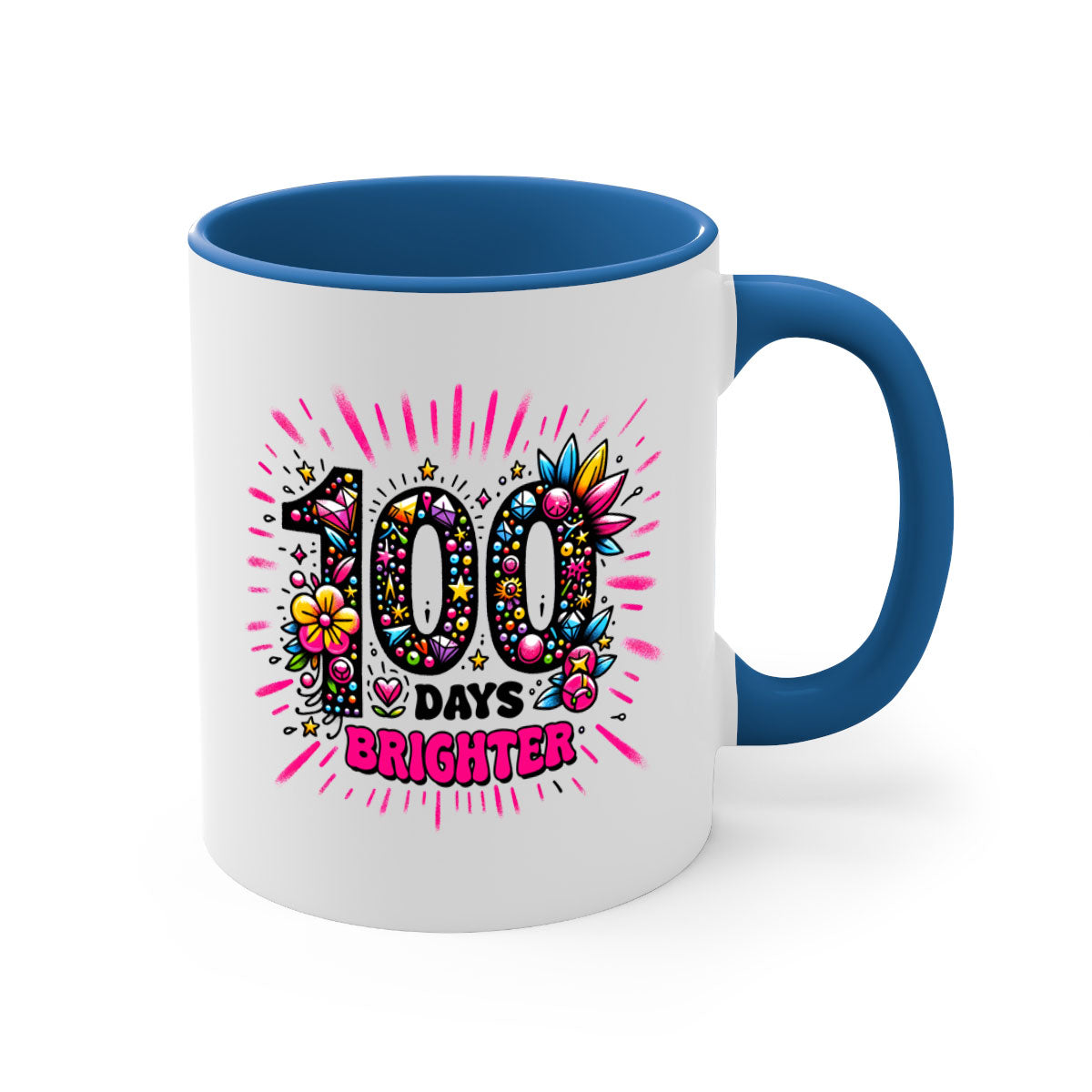 Easy 100 Days of School Mug with colorful handle and glossy finish, available in multiple colors and sizes.