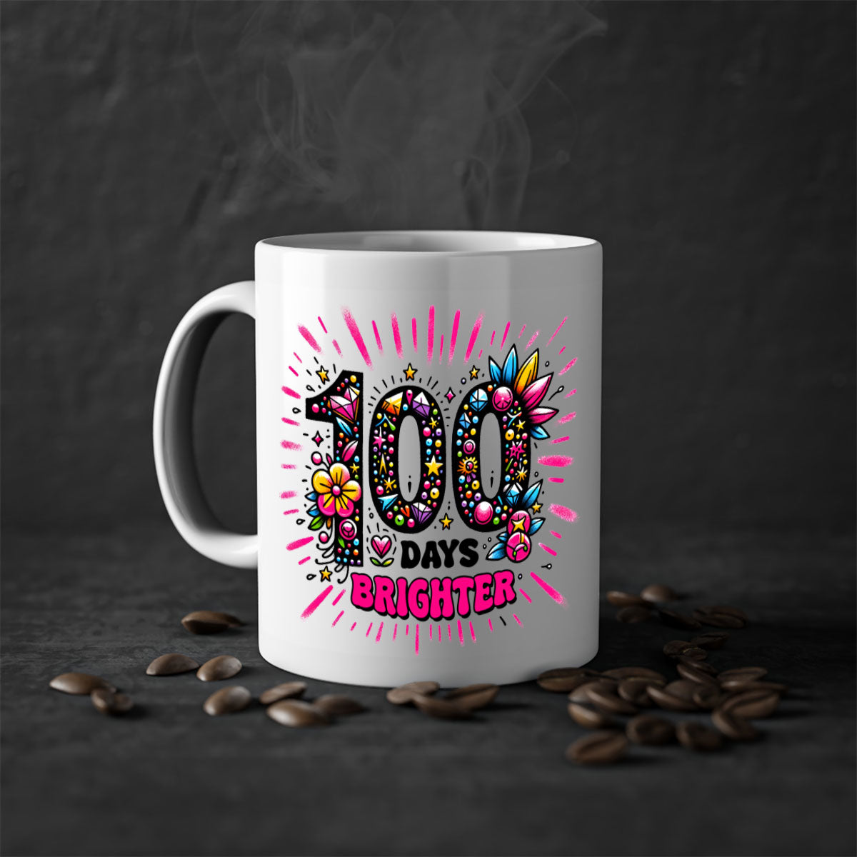 Easy 100 Days of School Mug with colorful handle and glossy finish, available in multiple colors and sizes.