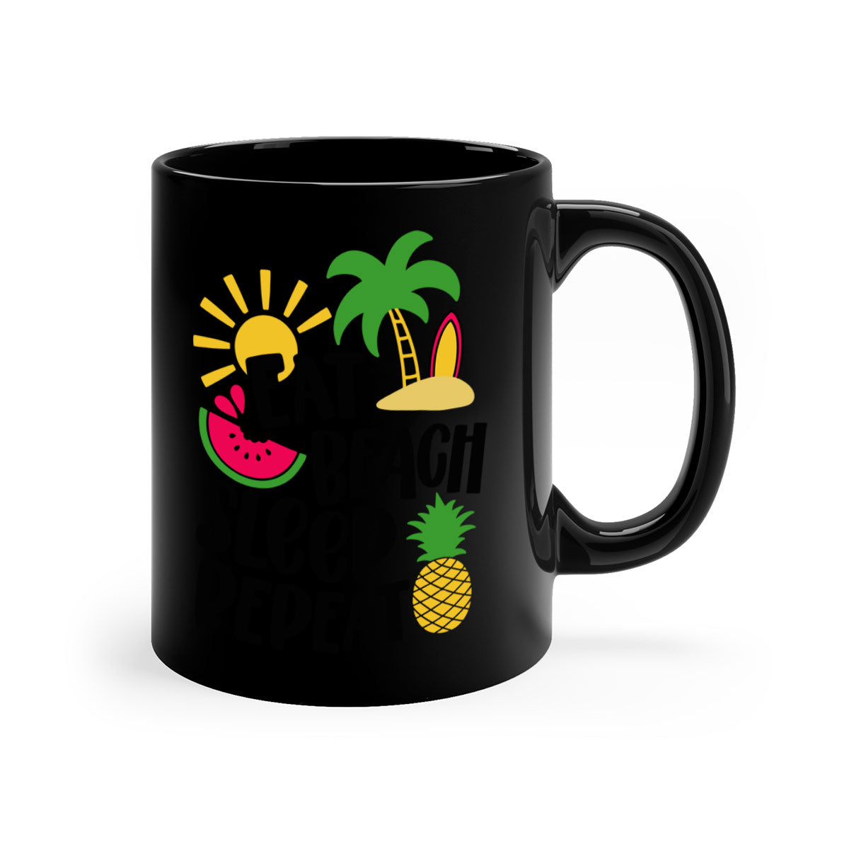 Eat Beach Sleep Repeat Style 47# Mug with colorful handle and glossy finish, perfect for summer beverages.