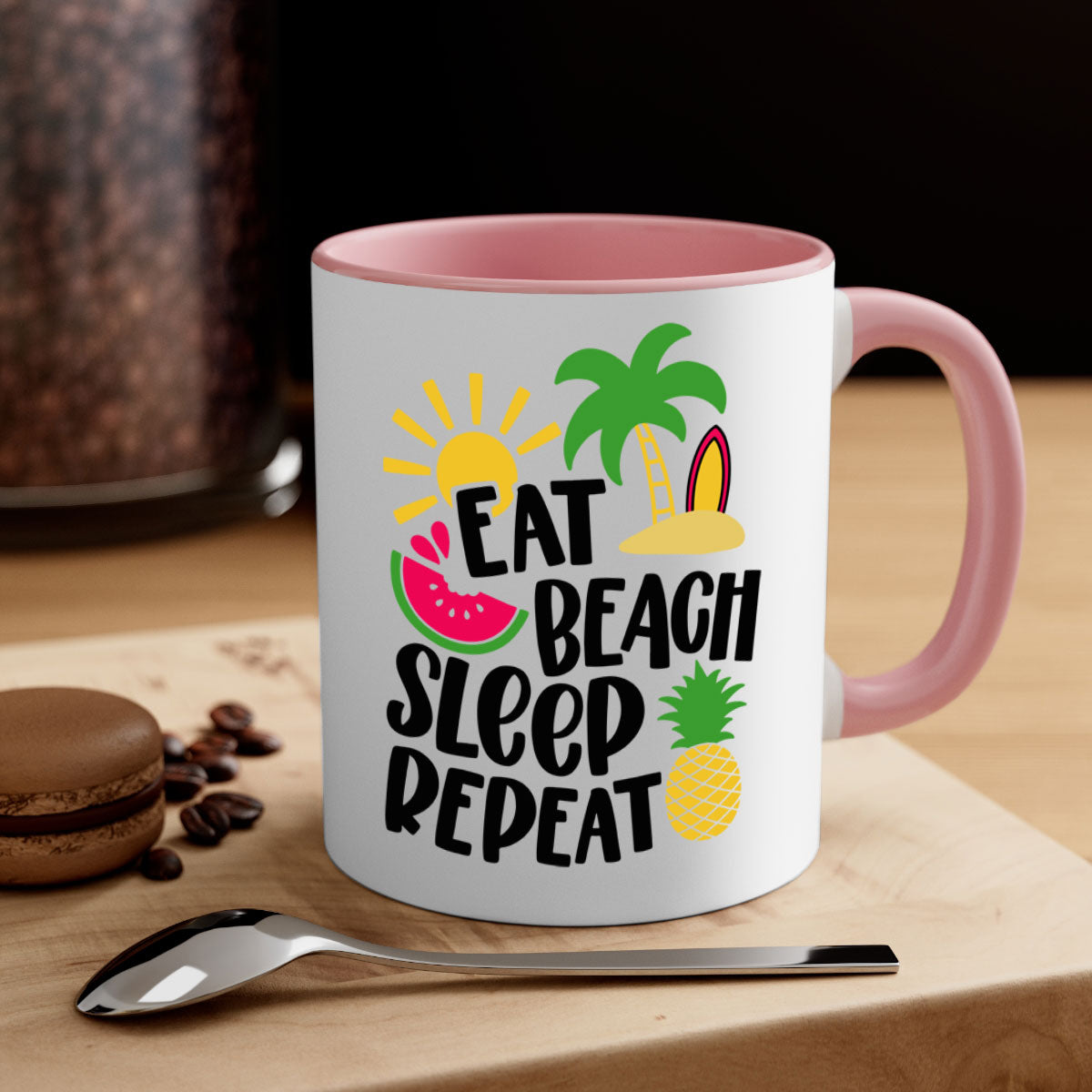 Eat Beach Sleep Repeat Style 47# Mug with colorful handle and glossy finish, perfect for summer beverages.