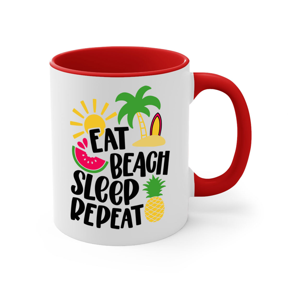 Eat Beach Sleep Repeat Style 47# Mug with colorful handle and glossy finish, perfect for summer beverages.