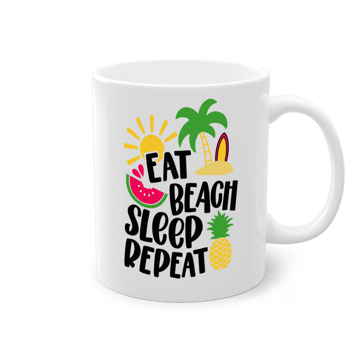 Eat Beach Sleep Repeat Style 47# Mug with colorful handle and glossy finish, perfect for summer beverages.
