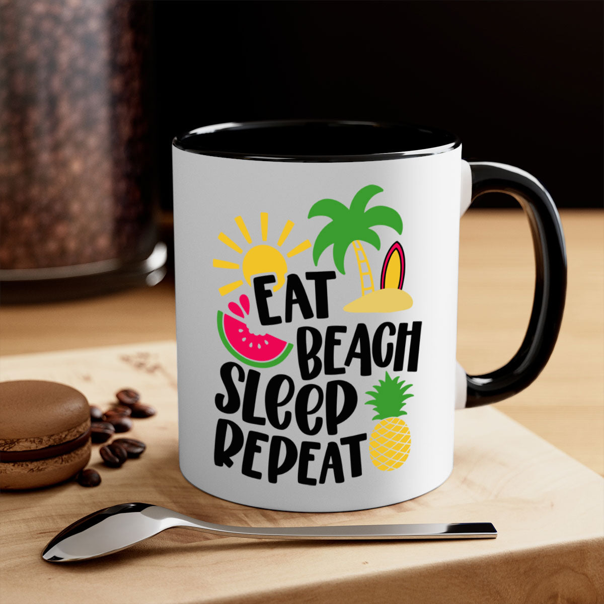 Eat Beach Sleep Repeat Style 47# Mug with colorful handle and glossy finish, perfect for summer beverages.
