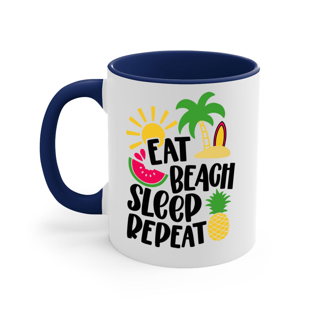 Eat Beach Sleep Repeat Style 47# Mug with colorful handle and glossy finish, perfect for summer beverages.