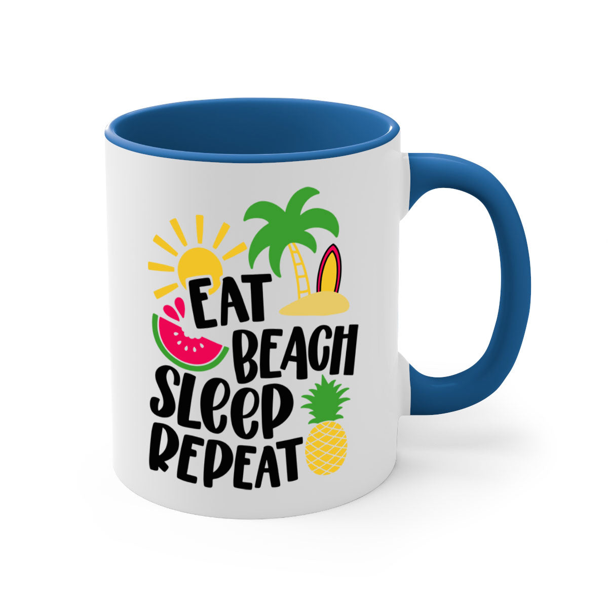 Eat Beach Sleep Repeat Style 47# Mug with colorful handle and glossy finish, perfect for summer beverages.