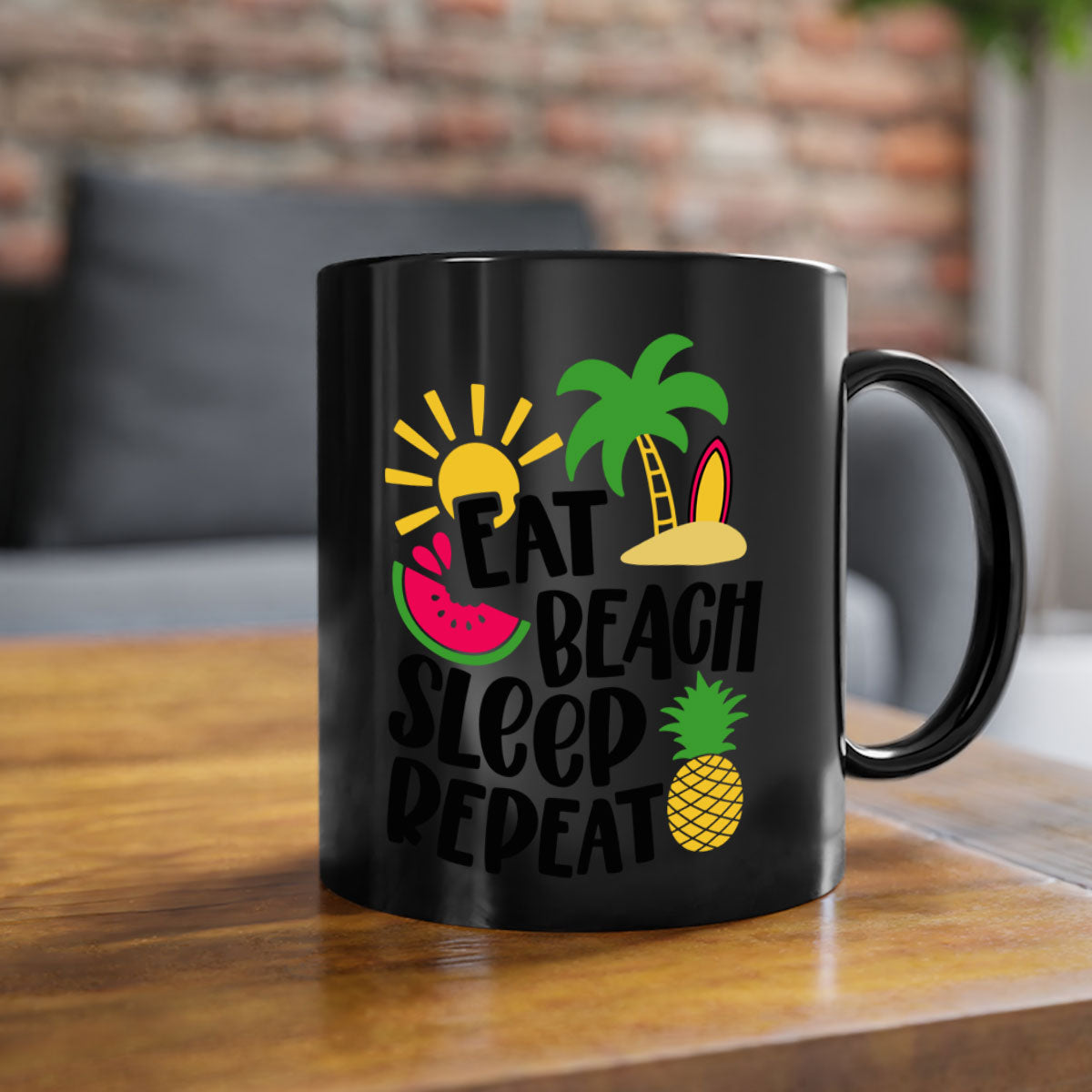 Eat Beach Sleep Repeat Style 47# Mug with colorful handle and glossy finish, perfect for summer beverages.