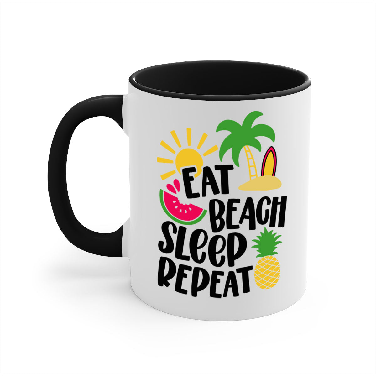 Eat Beach Sleep Repeat Style 47# Mug with colorful handle and glossy finish, perfect for summer beverages.
