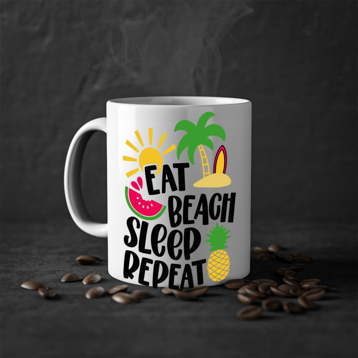 Eat Beach Sleep Repeat Style 47# Mug with colorful handle and glossy finish, perfect for summer beverages.