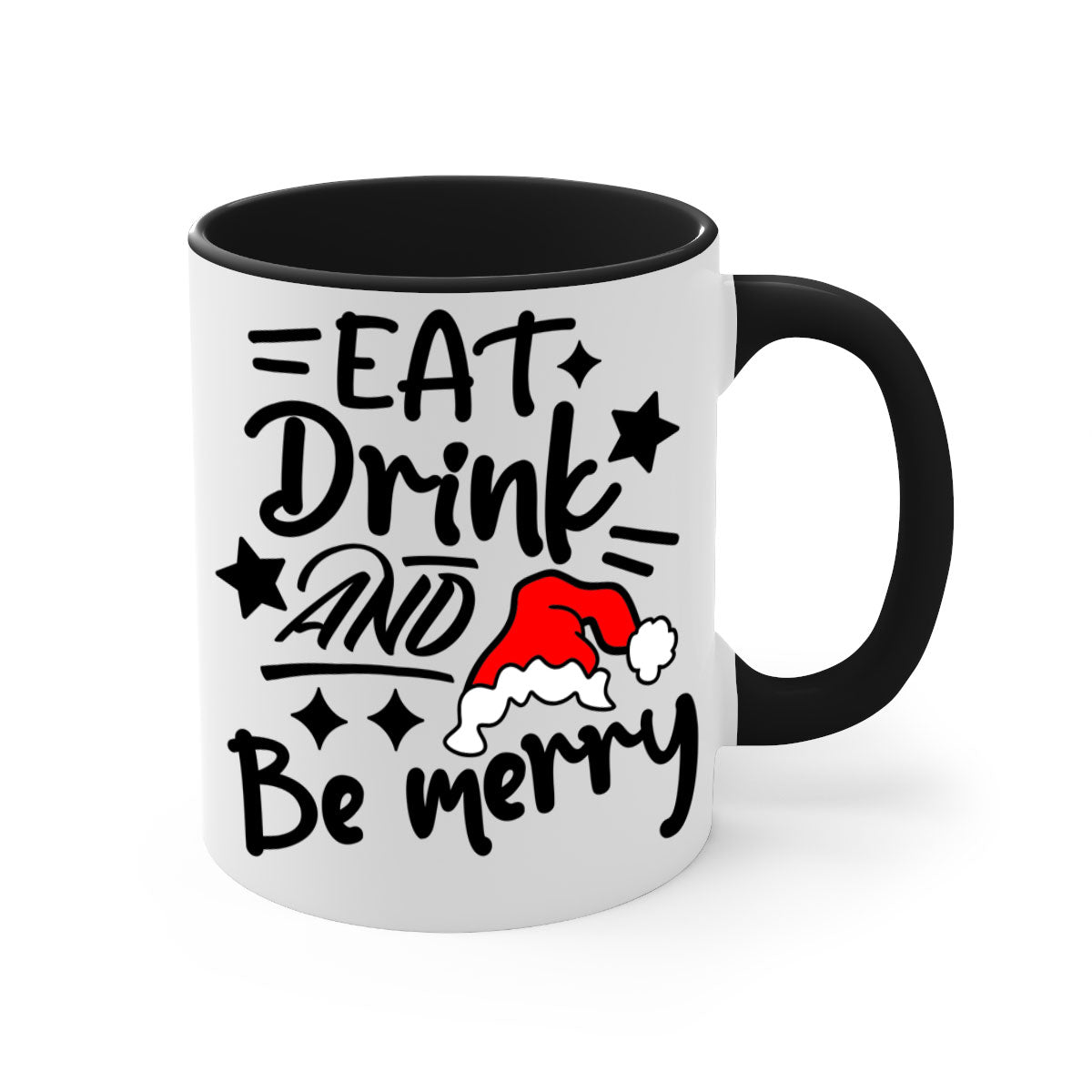 Eat Drink and Be Merry Christmas Mug with colorful handle and glossy finish, available in multiple sizes.