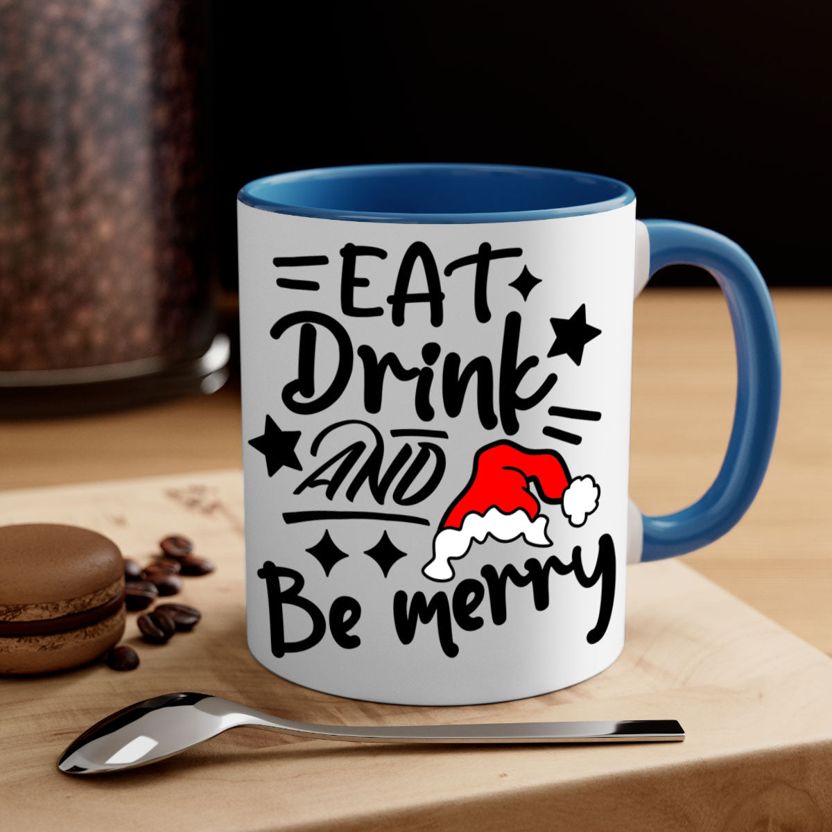 Eat Drink and Be Merry Christmas Mug with colorful handle and glossy finish, available in multiple sizes.