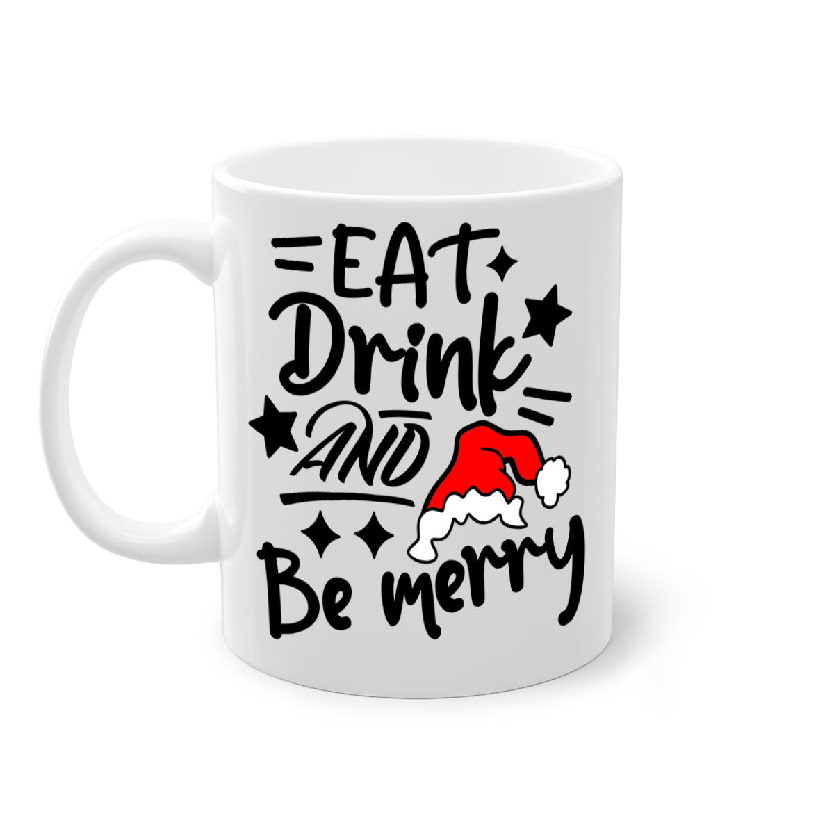 Eat Drink and Be Merry Christmas Mug with colorful handle and glossy finish, available in multiple sizes.