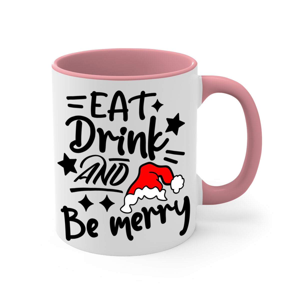 Eat Drink and Be Merry Christmas Mug with colorful handle and glossy finish, available in multiple sizes.