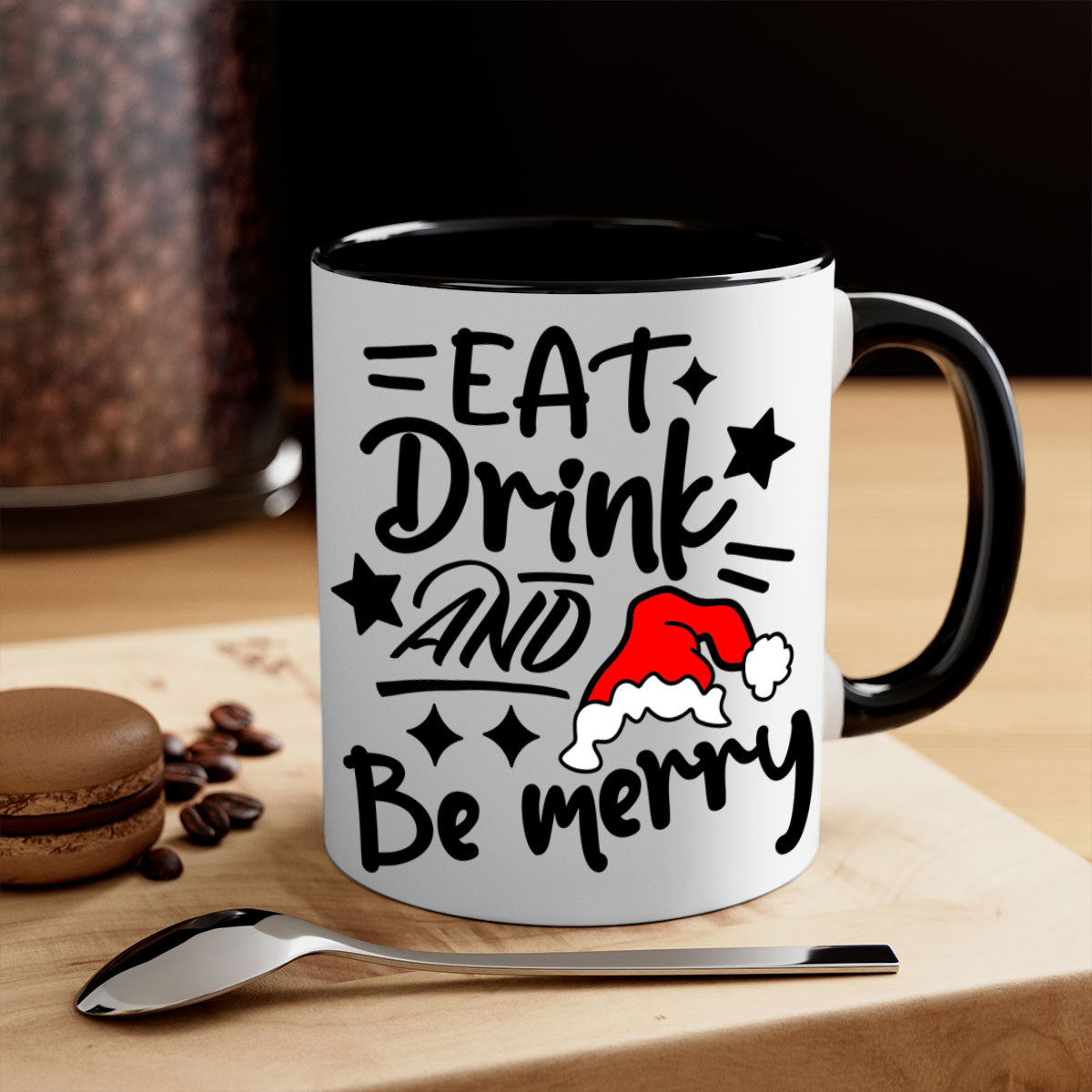 Eat Drink and Be Merry Christmas Mug with colorful handle and glossy finish, available in multiple sizes.