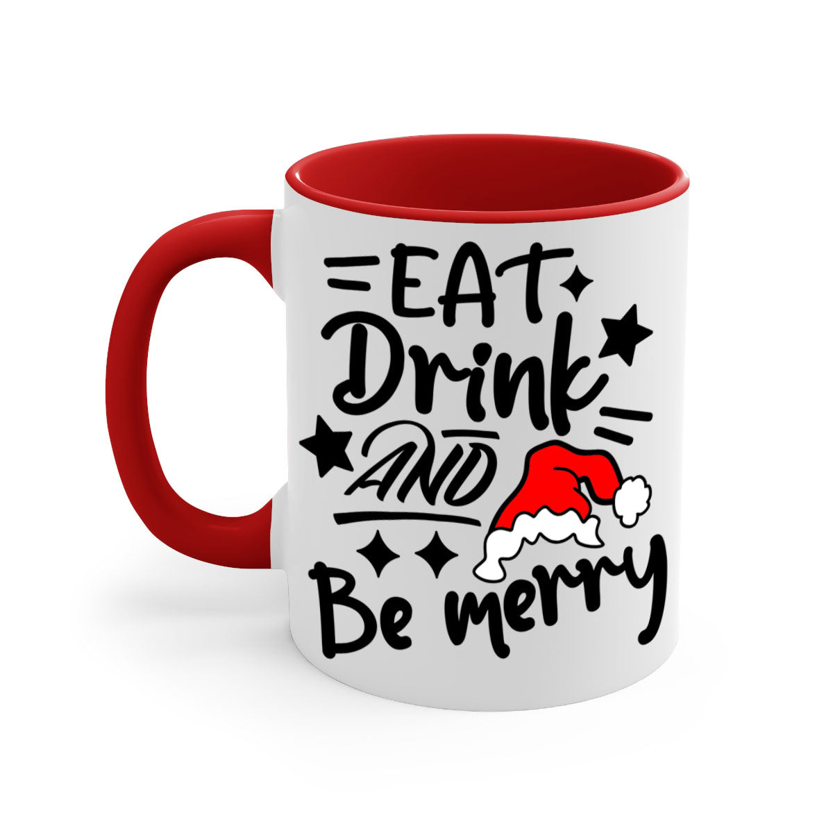 Eat Drink and Be Merry Christmas Mug with colorful handle and glossy finish, available in multiple sizes.