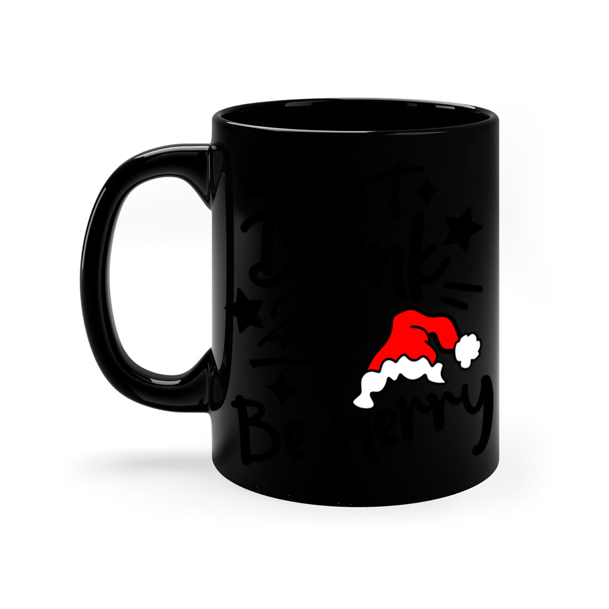 Eat Drink and Be Merry Christmas Mug with colorful handle and glossy finish, available in multiple sizes.