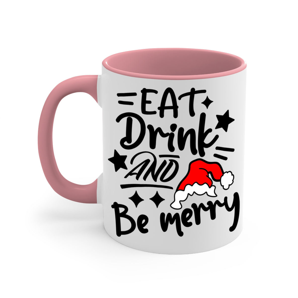 Eat Drink and Be Merry Christmas Mug with colorful handle and glossy finish, available in multiple sizes.