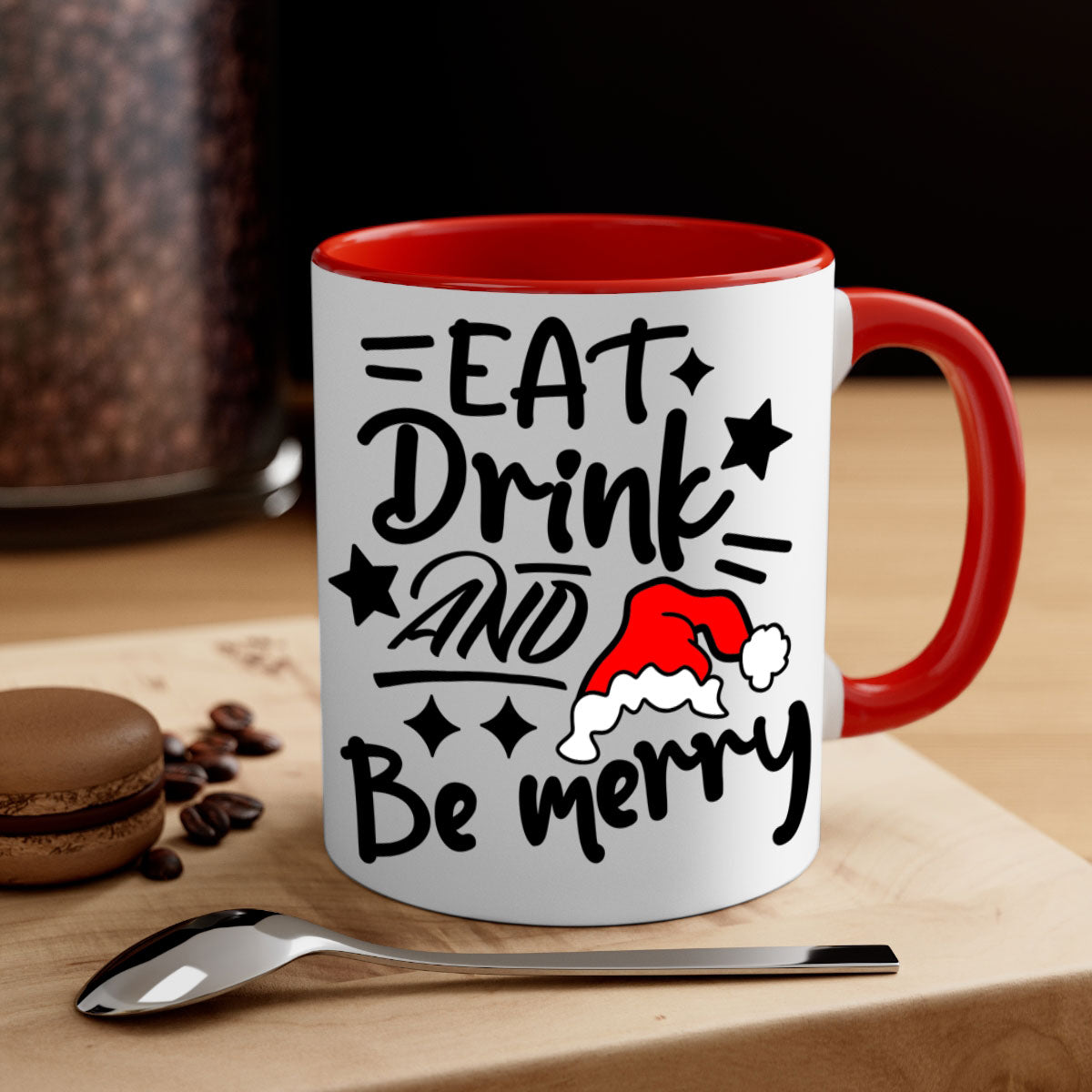 Eat Drink and Be Merry Christmas Mug with colorful handle and glossy finish, available in multiple sizes.