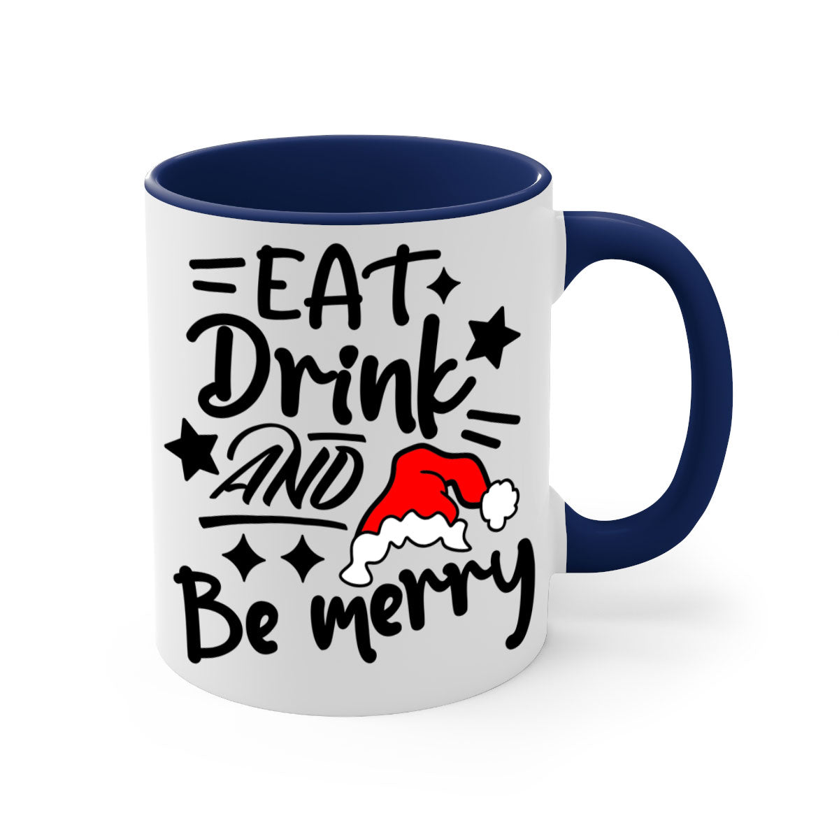 Eat Drink and Be Merry Christmas Mug with colorful handle and glossy finish, available in multiple sizes.
