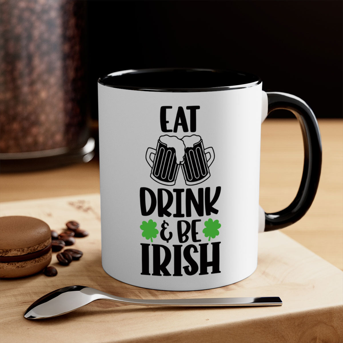 Eat Drink Be Irish Style 101# Mug with a glossy finish, featuring a colored handle and interior, available in five vibrant colors.