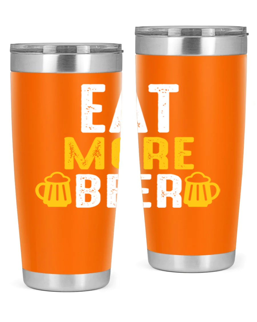 Eat More Beer 115# Tumbler in stainless steel with a drink-thru lid, showcasing its sleek design and double wall vacuum insulation.