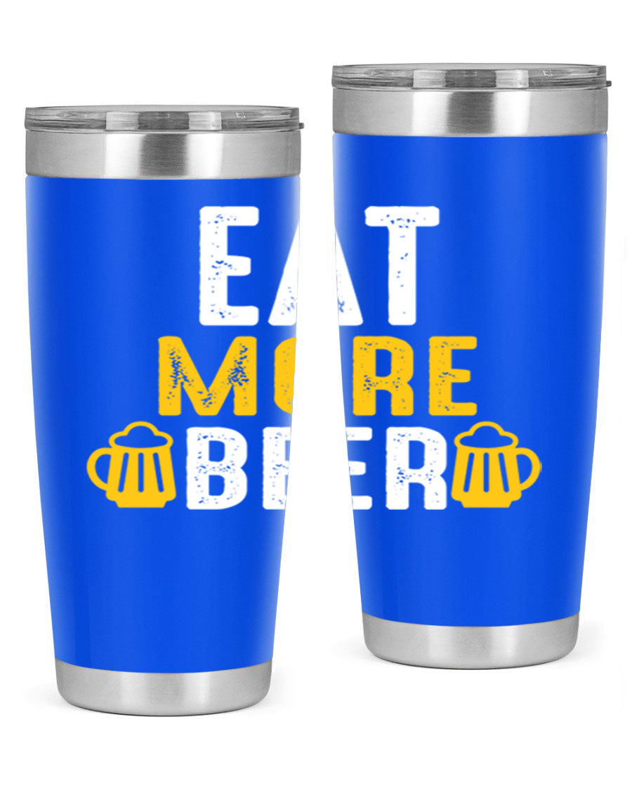 Eat More Beer 115# Tumbler in stainless steel with a drink-thru lid, showcasing its sleek design and double wall vacuum insulation.