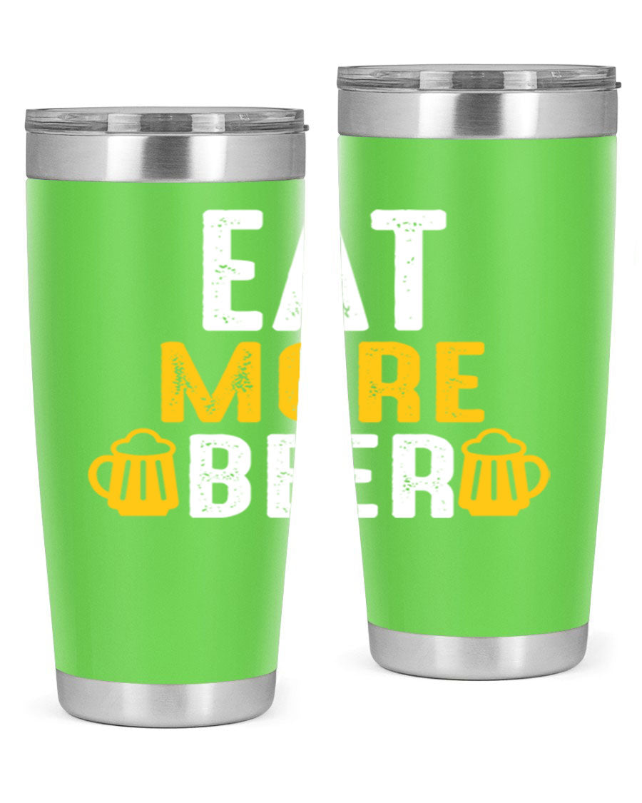 Eat More Beer 115# Tumbler in stainless steel with a drink-thru lid, showcasing its sleek design and double wall vacuum insulation.