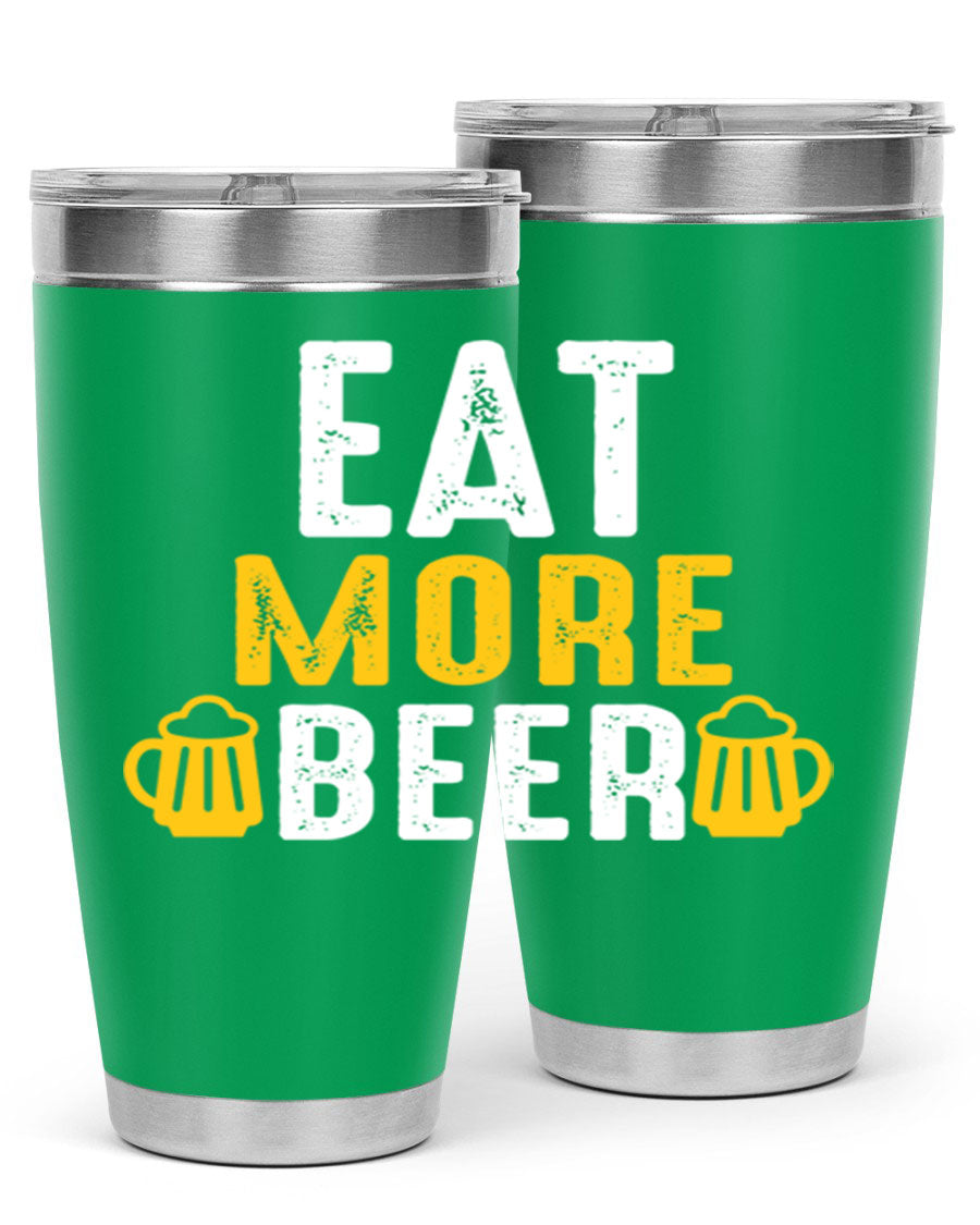 Eat More Beer 115# Tumbler in stainless steel with a drink-thru lid, showcasing its sleek design and double wall vacuum insulation.
