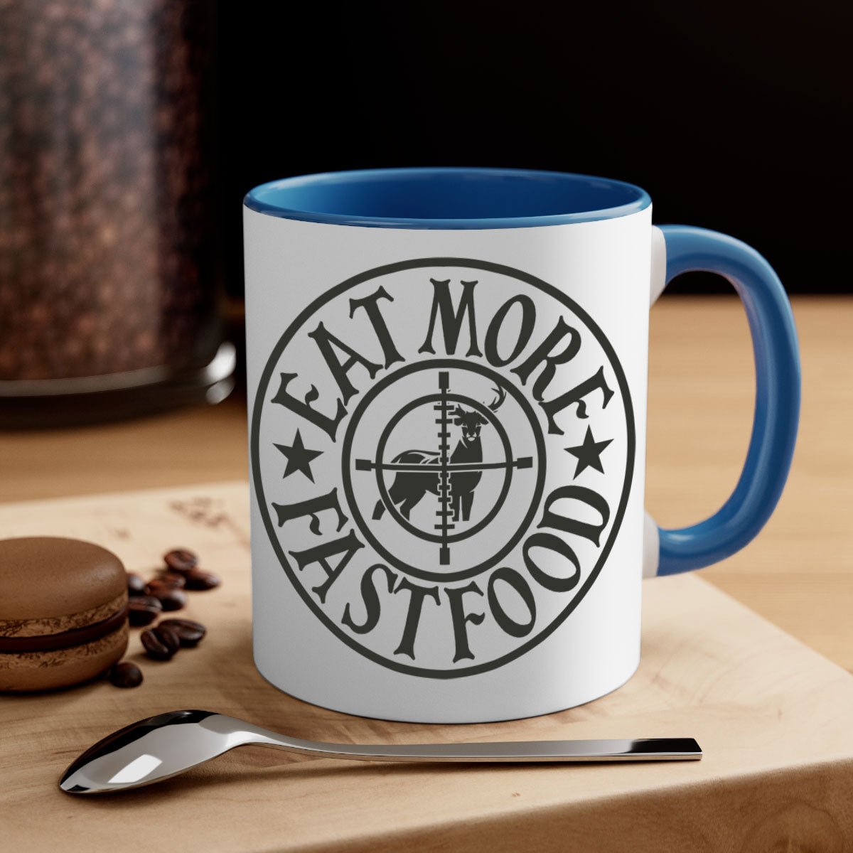 Eat more fast food 14# Mug with colorful handle and glossy finish, available in multiple sizes.