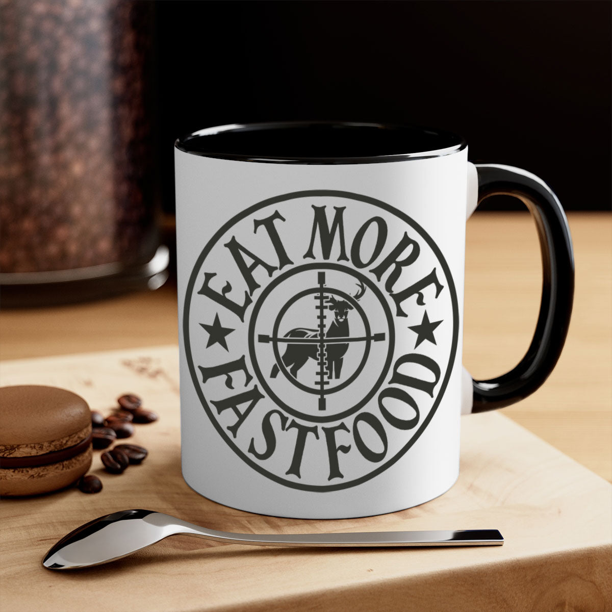 Eat more fast food 14# Mug with colorful handle and glossy finish, available in multiple sizes.