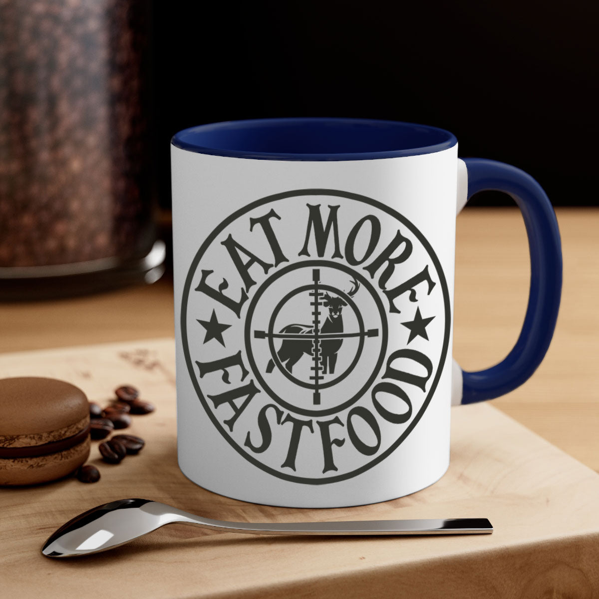 Eat more fast food 14# Mug with colorful handle and glossy finish, available in multiple sizes.