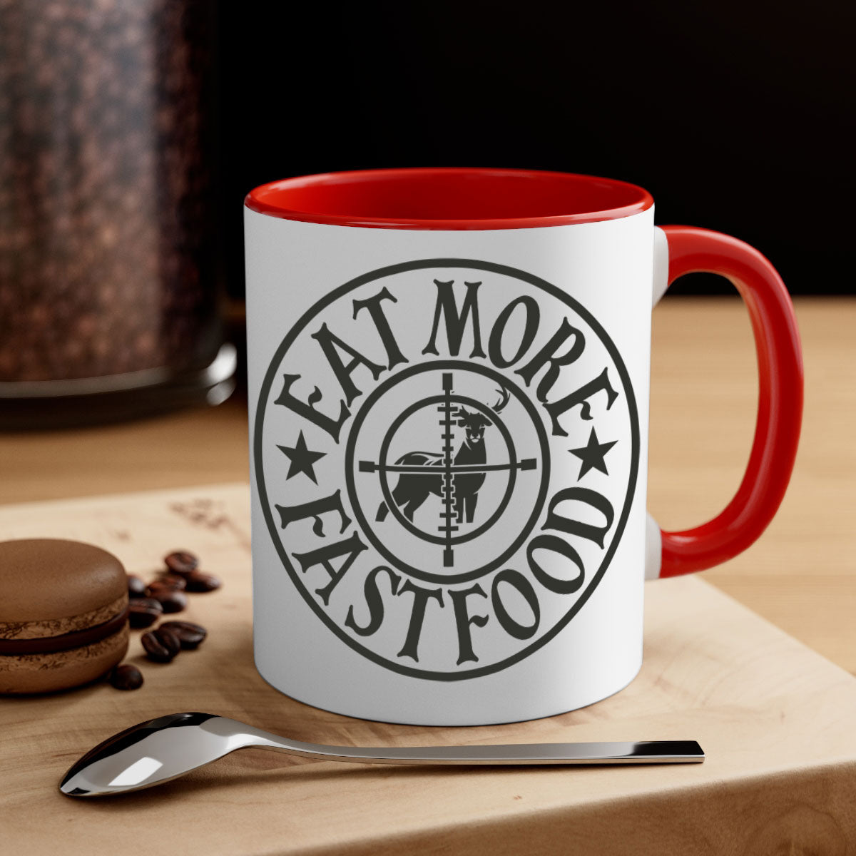 Eat more fast food 14# Mug with colorful handle and glossy finish, available in multiple sizes.