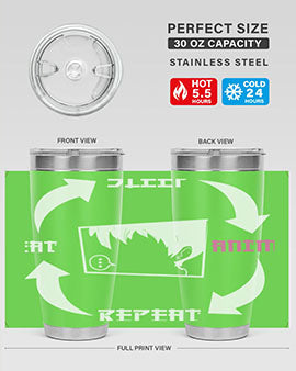 Eat Sleep Anime Repeat Anime Anime Tumbler showcasing vibrant anime-themed design, double wall vacuum stainless steel construction, and drink-thru lid.