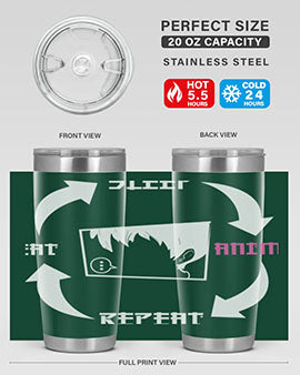Eat Sleep Anime Repeat Anime Anime Tumbler showcasing vibrant anime-themed design, double wall vacuum stainless steel construction, and drink-thru lid.