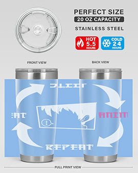 Eat Sleep Anime Repeat Anime Anime Tumbler showcasing vibrant anime-themed design, double wall vacuum stainless steel construction, and drink-thru lid.