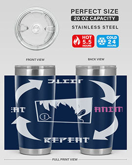 Eat Sleep Anime Repeat Anime Anime Tumbler showcasing vibrant anime-themed design, double wall vacuum stainless steel construction, and drink-thru lid.