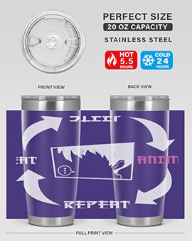 Eat Sleep Anime Repeat Anime Anime Tumbler showcasing vibrant anime-themed design, double wall vacuum stainless steel construction, and drink-thru lid.