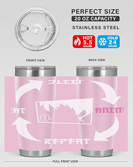 Eat Sleep Anime Repeat Anime Anime Tumbler showcasing vibrant anime-themed design, double wall vacuum stainless steel construction, and drink-thru lid.